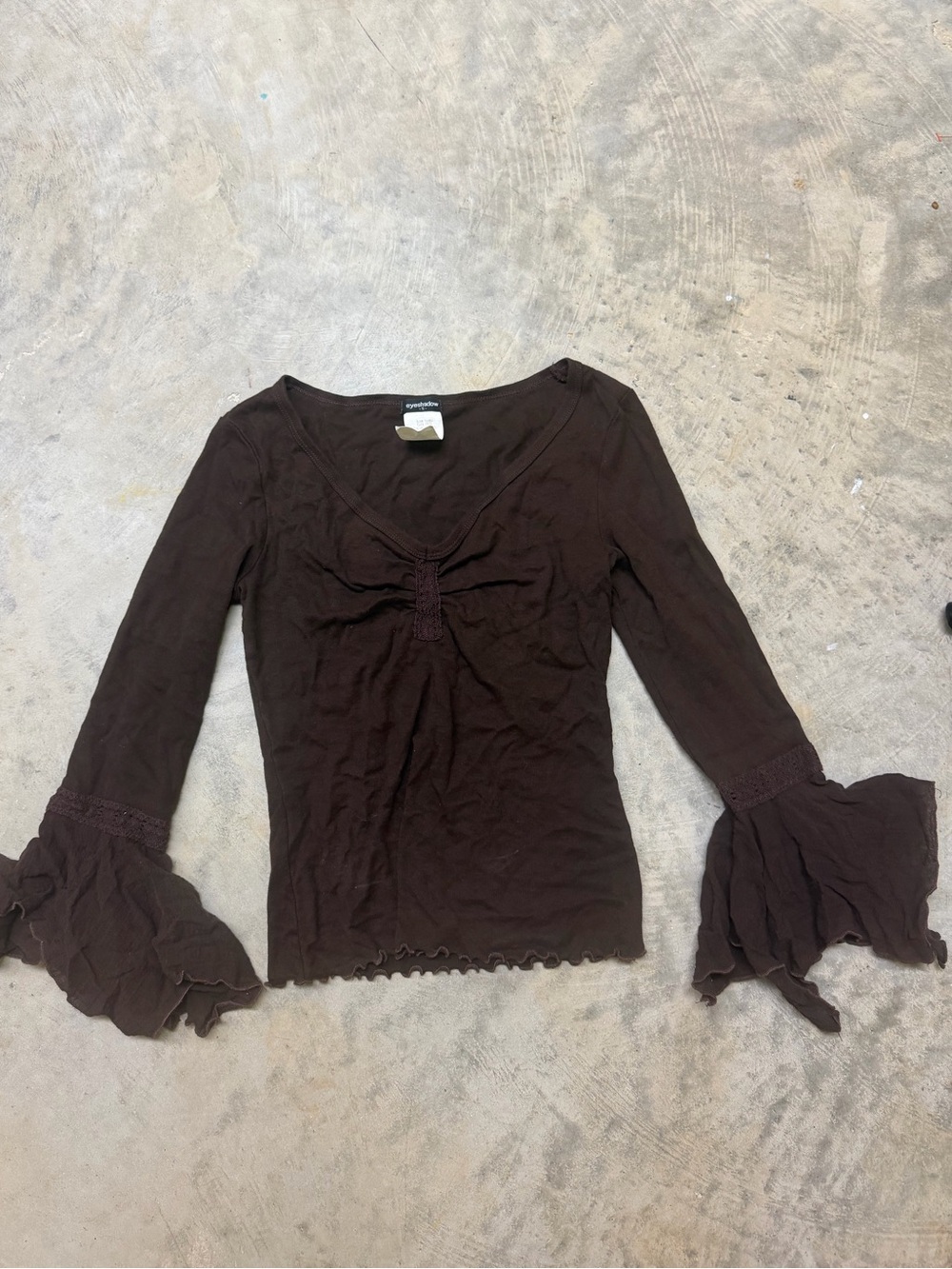 Eyeshadow Y2K Dark Brown Ruffle Bell Sleeve Long Sleeve Top